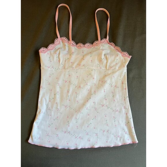 Tops - Pink and White Floral Lace Cami Top W/Adjustable Straps